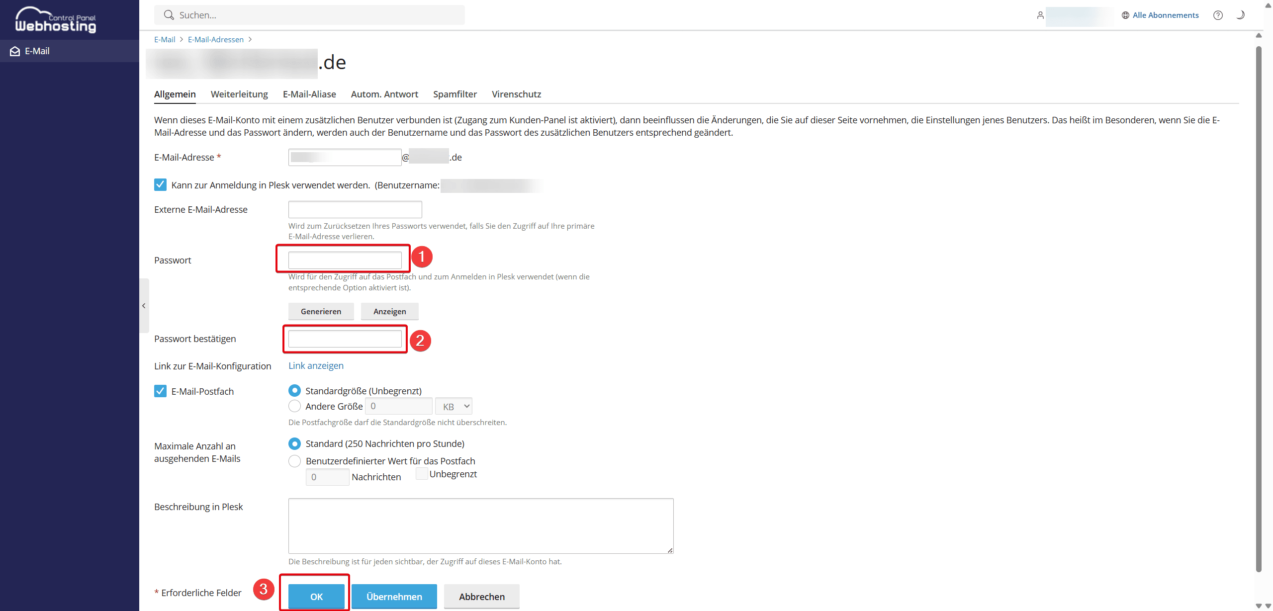 Hervorgehobene Felder für "Passwort", "Passwort bestätigen" und "OK".