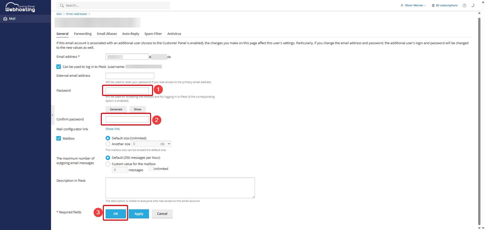 Highlighted fields for "Password," "Confirm Password," and "OK."