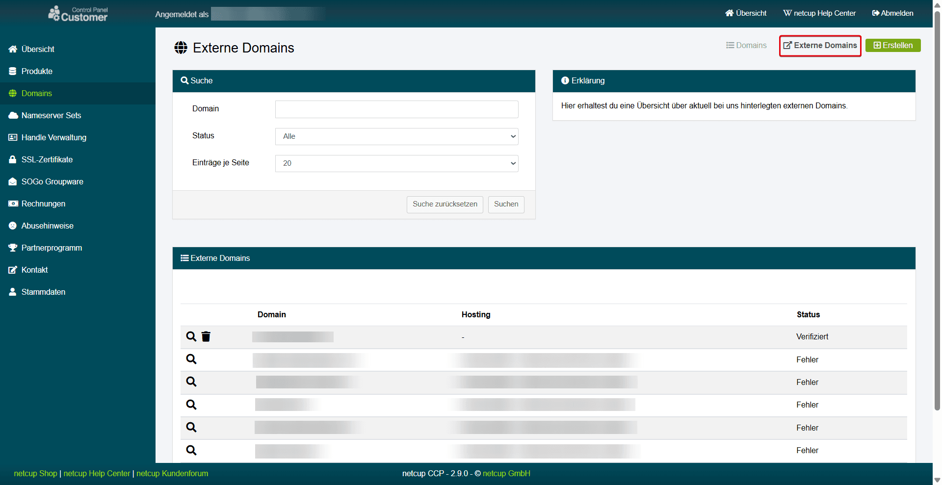 Hervorgehobene Schaltfläche im CCP für "Externe Domains" rechts oben unter "Domains".