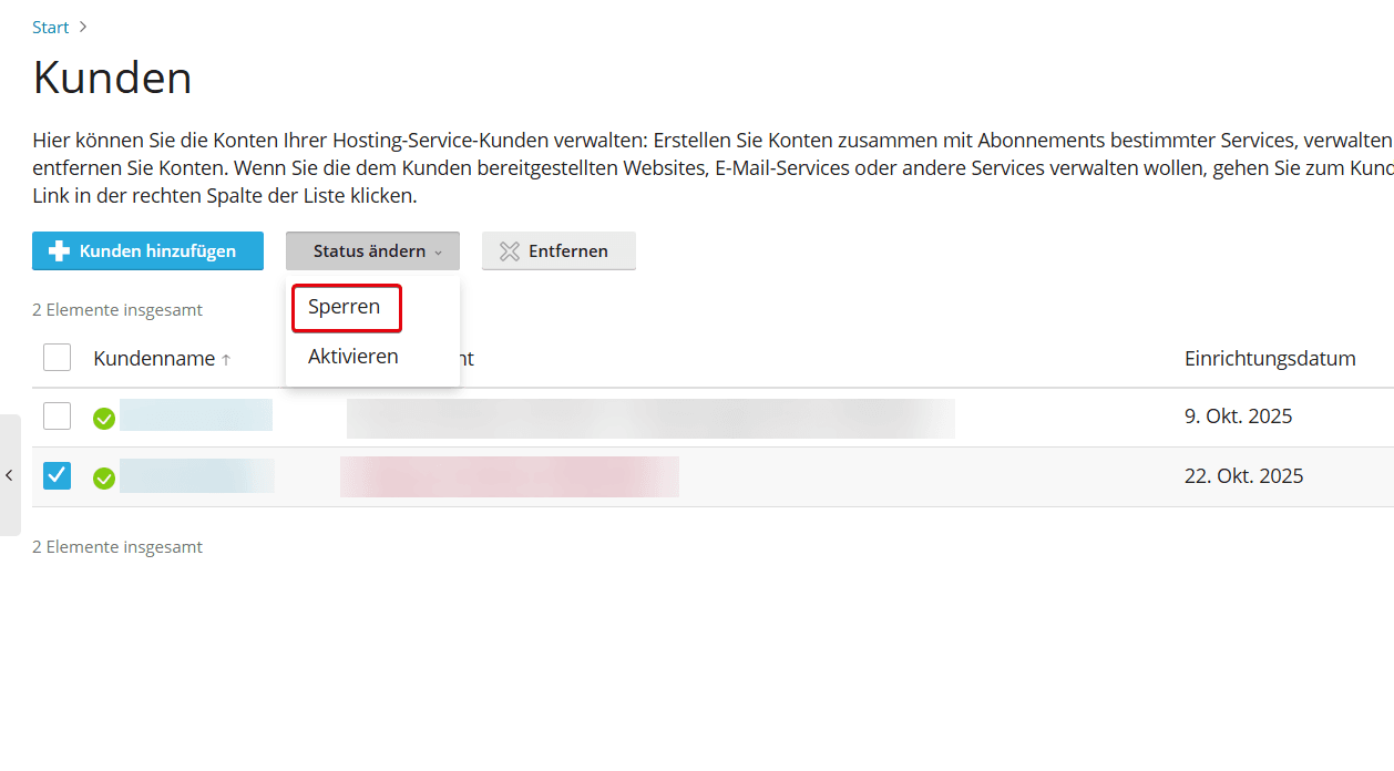 Hervorgehobene Schaltfläche "Sperren" unter "Status ändern" im Reseller-Verwaltungspanel.