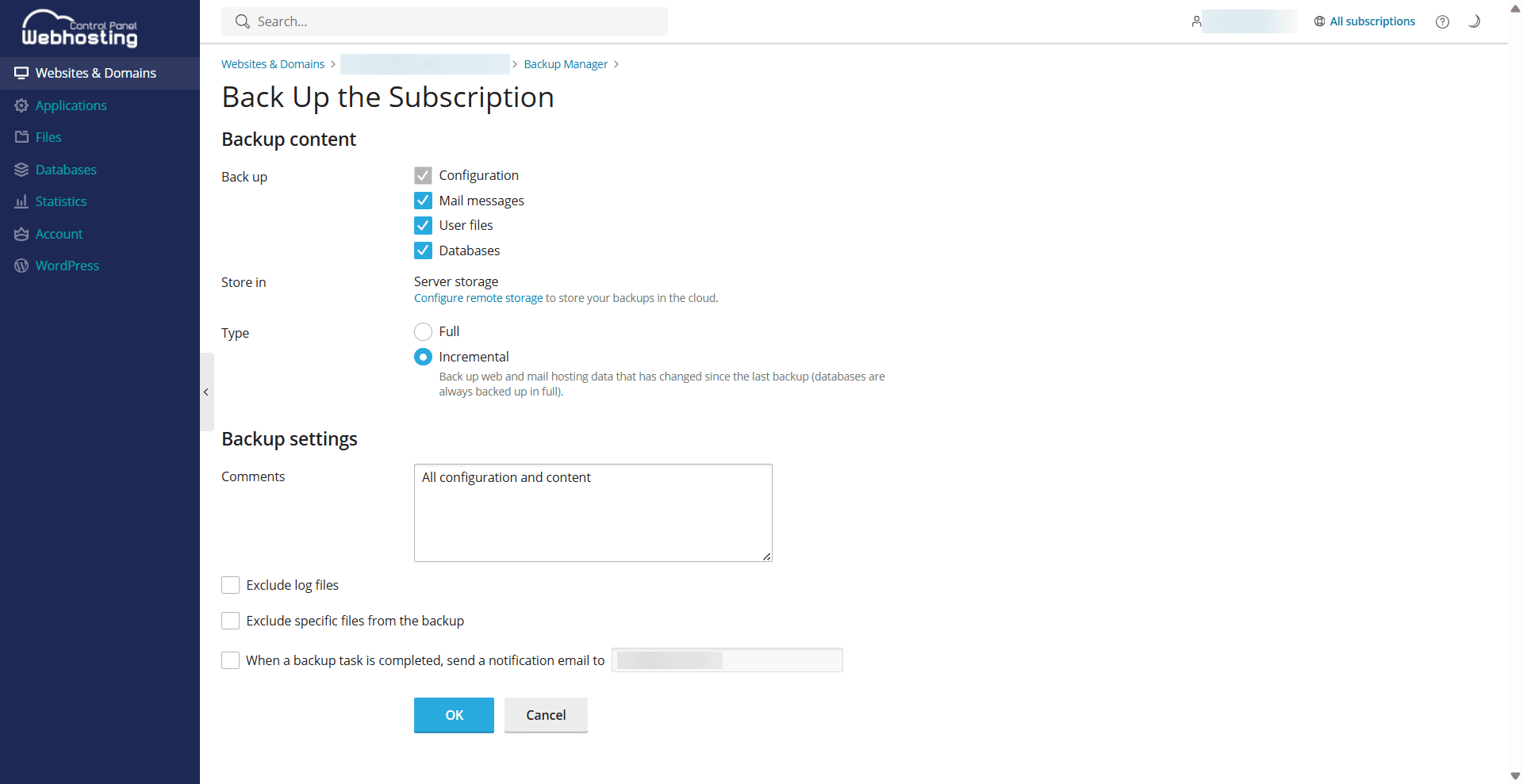 Back settings in the WCP.