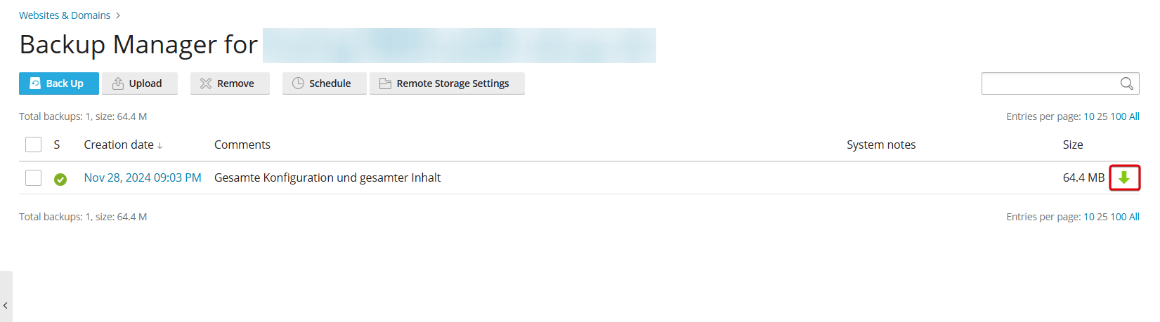 Highlighted green download arrow to the right of the created backup.