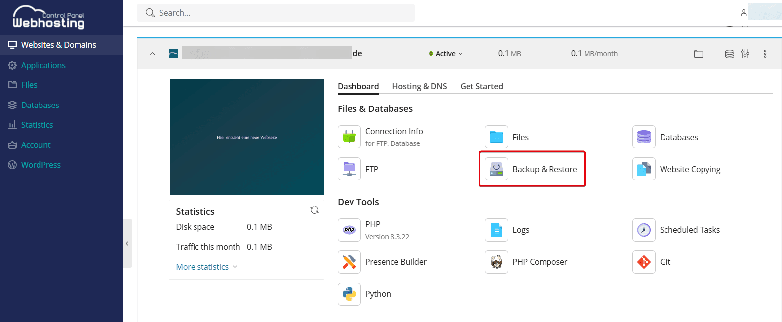 Highlighted "Backup and Restore" button in the WCP Dashboard.