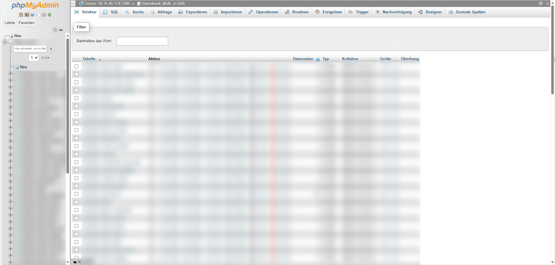 Database page in phpMyAdmin.