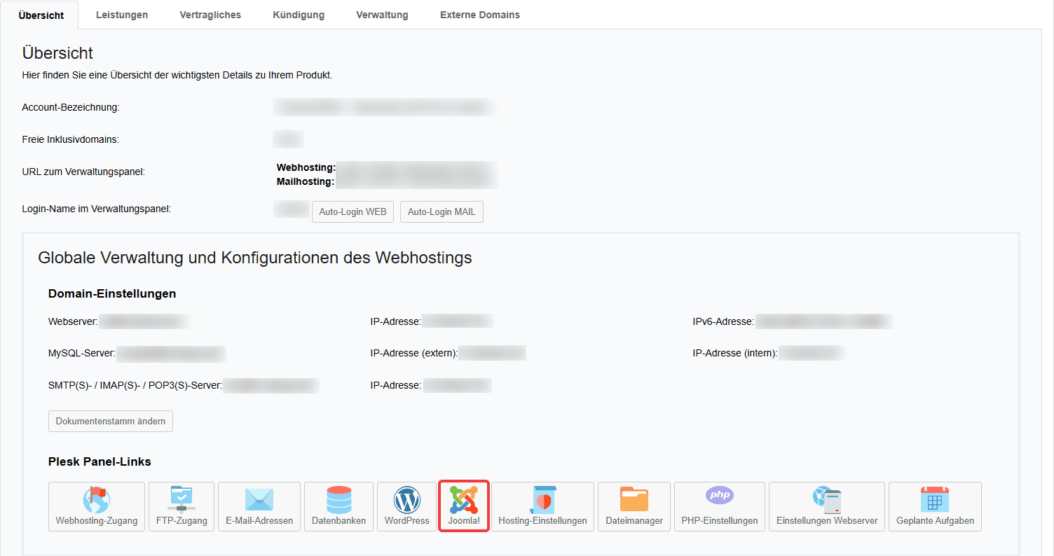 Registerkarte "Übersicht" des ausgewählten Produktes im Customer Control Panel (CCP) mit hervorgehobener Schaltfläche "Joomla!".