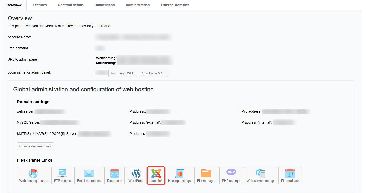 "Overview" tab for the selected product in the Customer Control Panel (CCP), with the "Joomla!" button highlighted.
