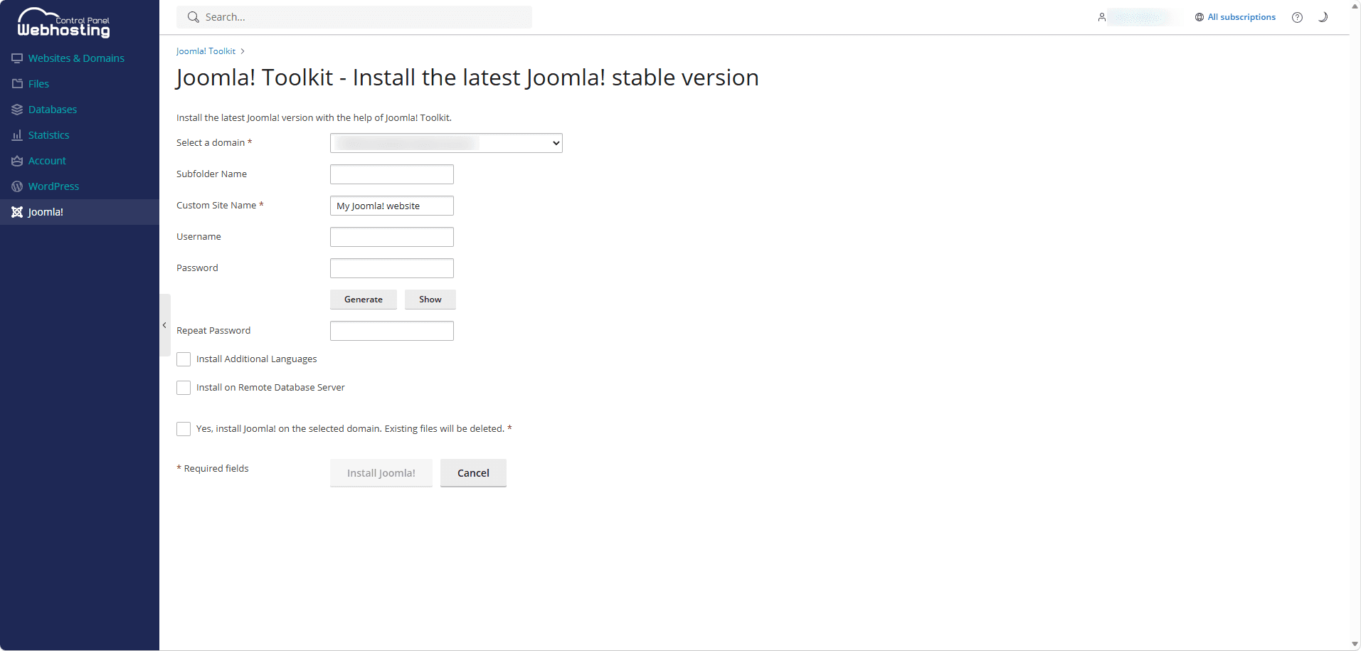 Joomla! installation page.