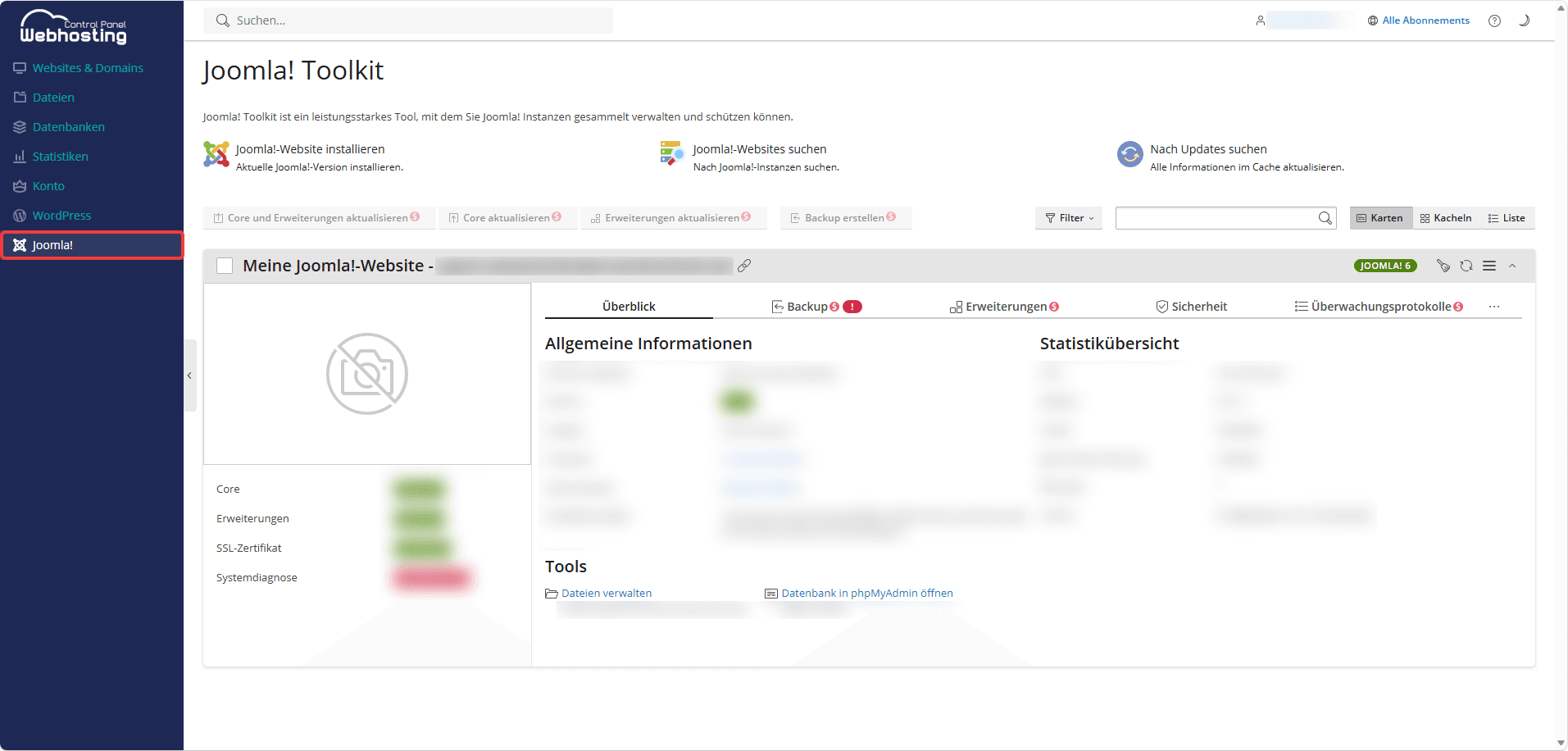 Joomla!-Übersichtsseite mit hervorgehobenem Menüpunkt "Joomla!".