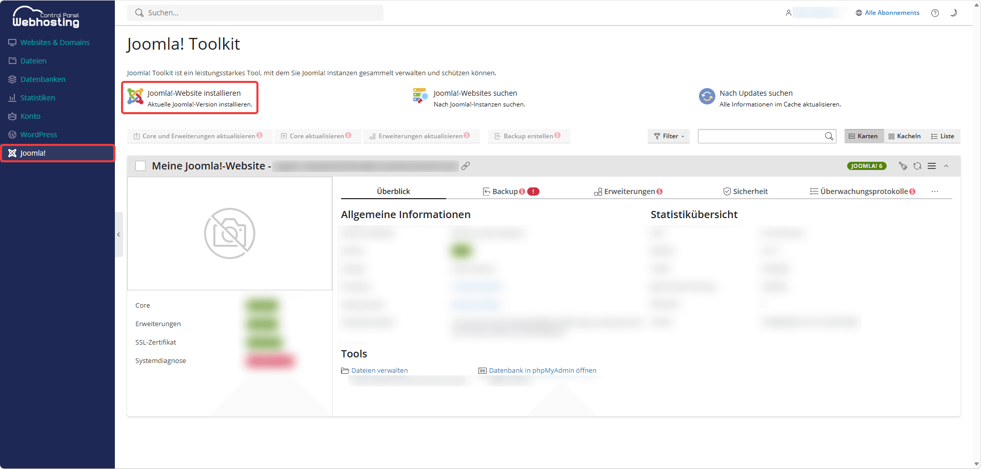 Joomla!-Übersichtsseite mit hervorgehobener Schaltfläche "Joomla!-Website installieren".