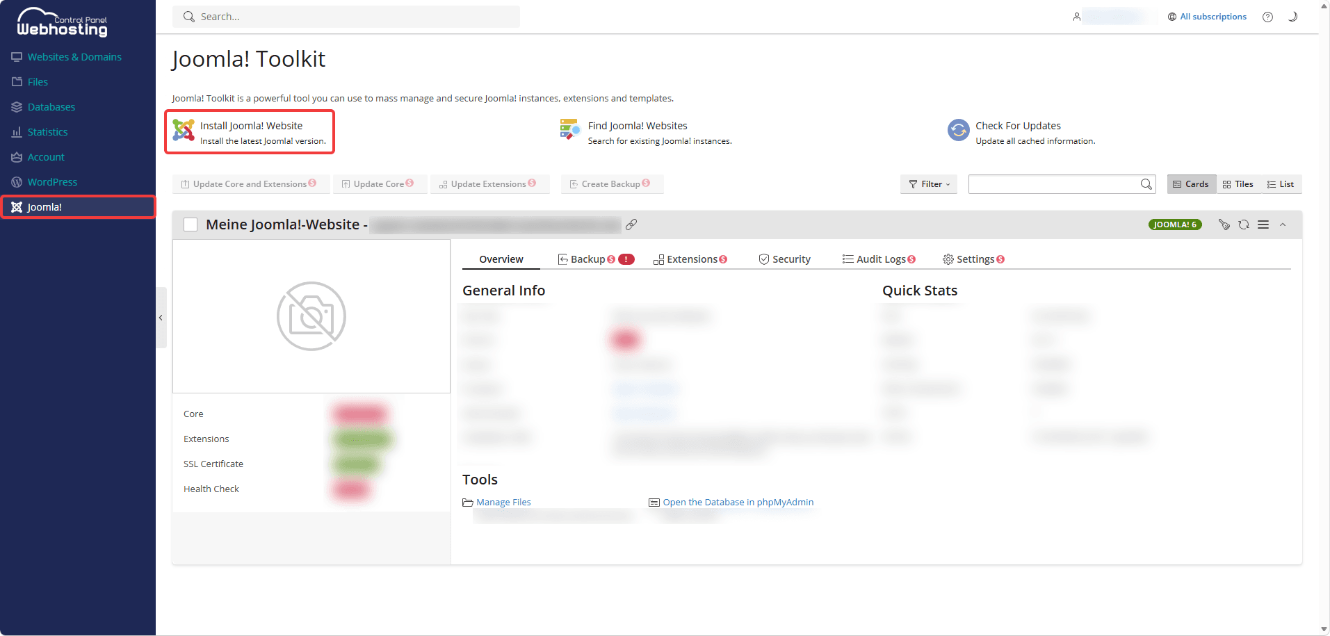 Joomla! overview page with the "Install Joomla! Website" button highlighted.