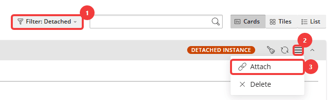 Highlighted "Detached" filter, hamburger icon, "Attach" and "Delete" buttons.