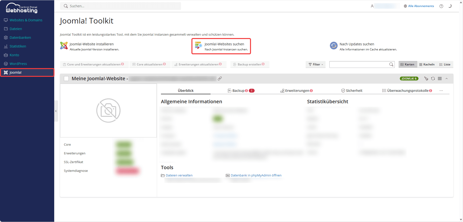 Joomla!-Übersichtsseite mit hervorgehobener Schaltfläche "Joomla!-Websites suchen".