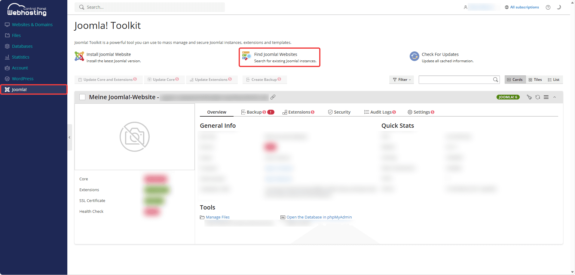 Joomla! overview page with the "Find Joomla! Websites" button highlighted.