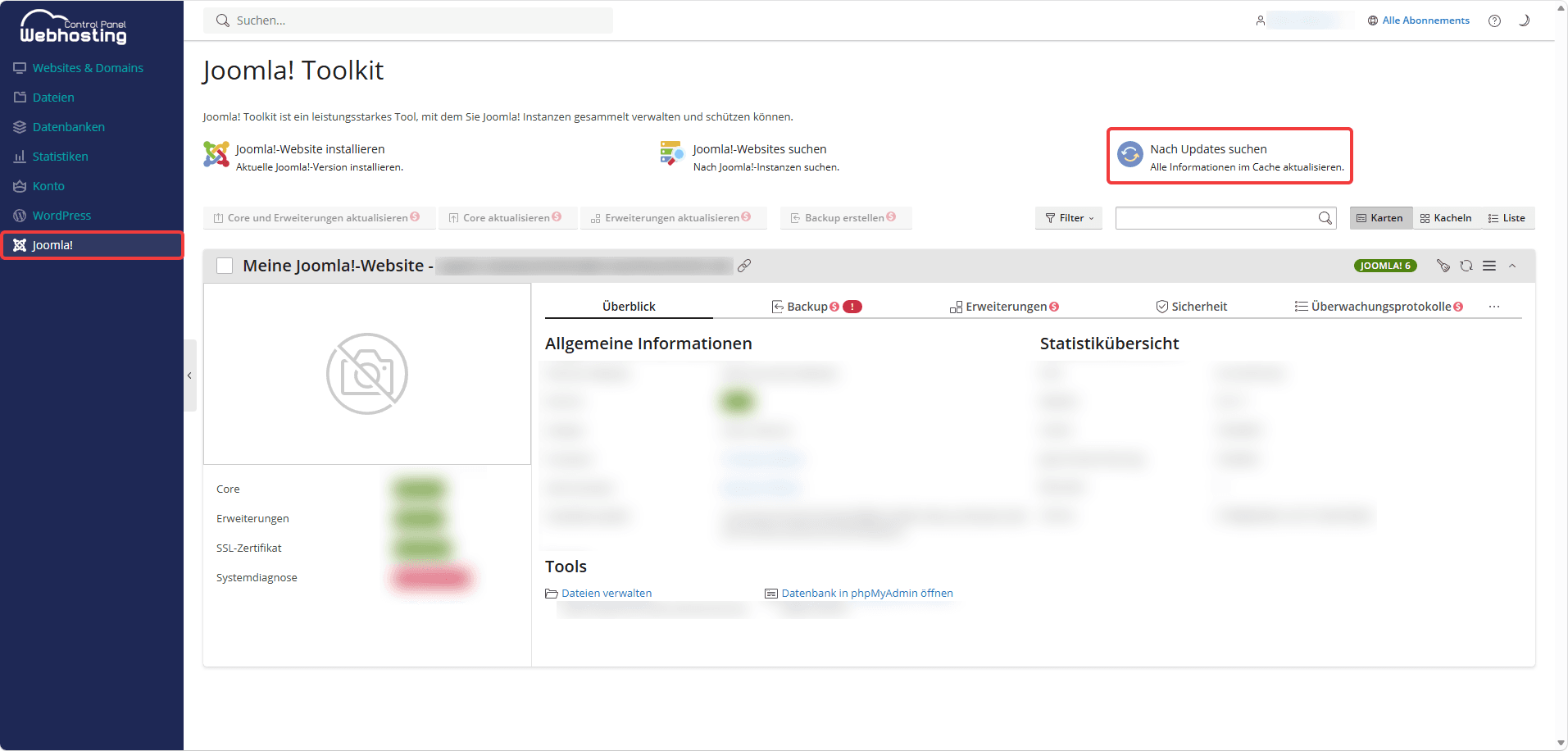 Joomla!-Übersichtsseite mit hervorgehobener Schaltfläche "Nach Updates suchen".