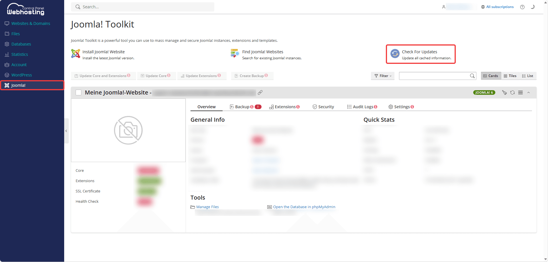Joomla! overview page with the "Check For Updates" button highlighted.