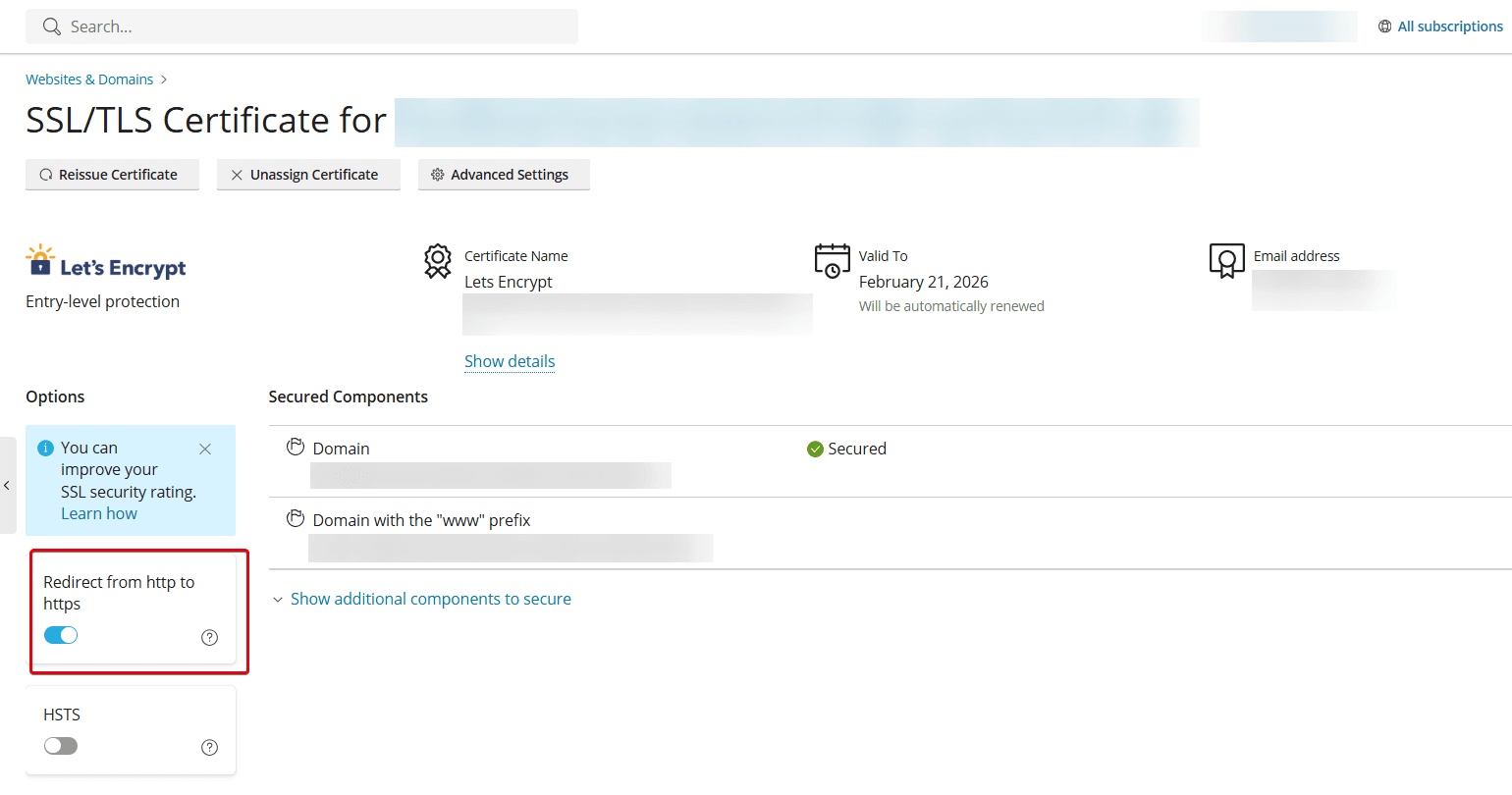 SSL/TLS certificates with highlighted field and slider for "Redirect from HTTP to HTTPS."