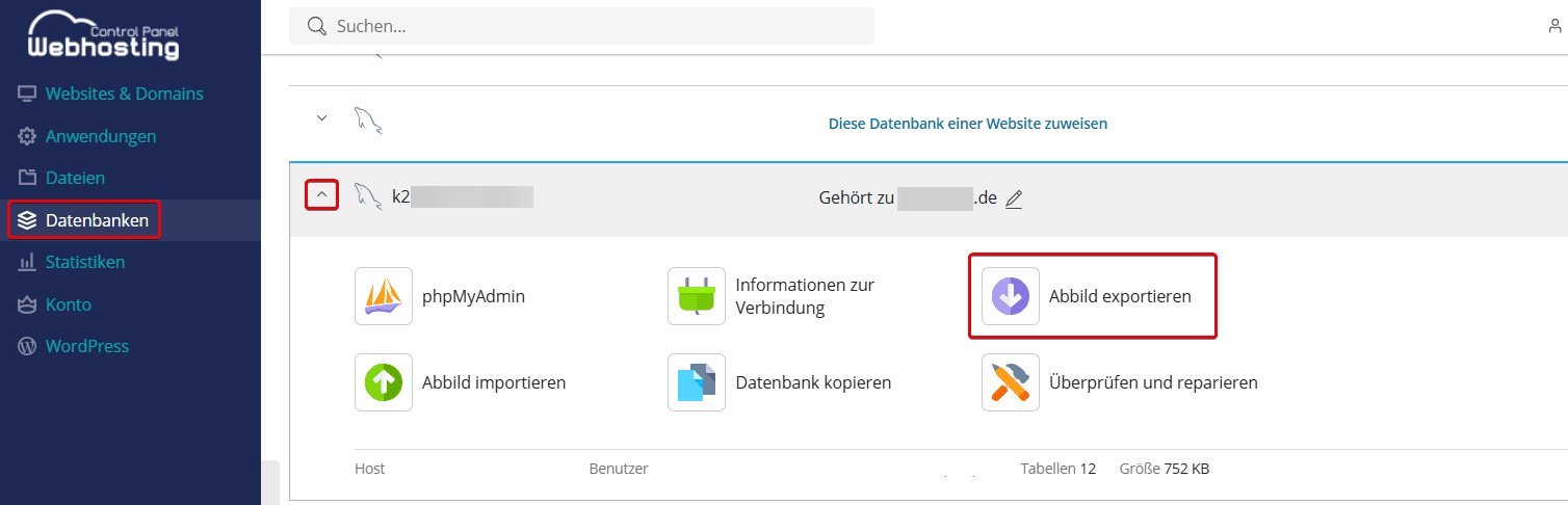 Hervorgehobene Schaltfläche "Abbild exportieren" im WCP.